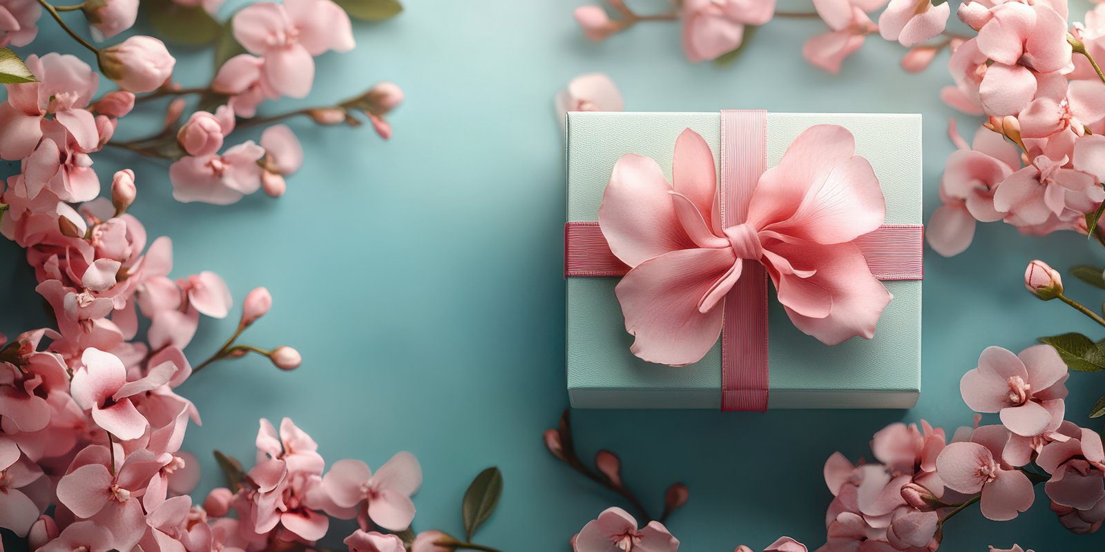 Gift box surrounded by delicate pink blossoms on a tranquil blue background in a serene spring setting